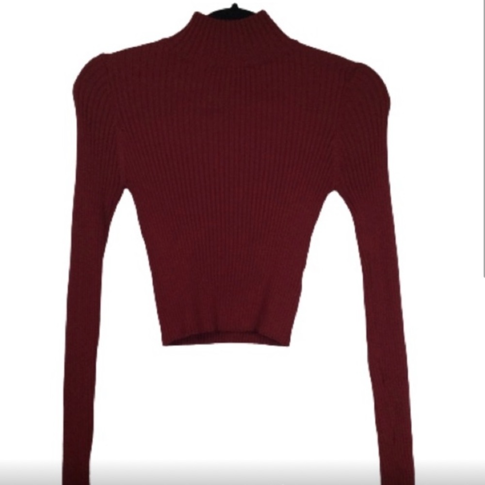 Seek The Label Ribbed Knit Mock Neck Crop Sweater/ Wine Red